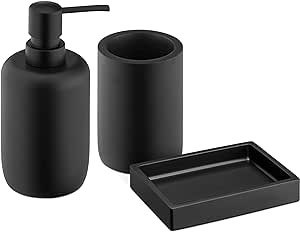 Navaris Set Accessori Bagno 3x Pz - Bicchiere Porta Spazzolino da Denti Dispenser Porta Sapone Vassoio Porta Saponetta - Kit Portasapone Nero