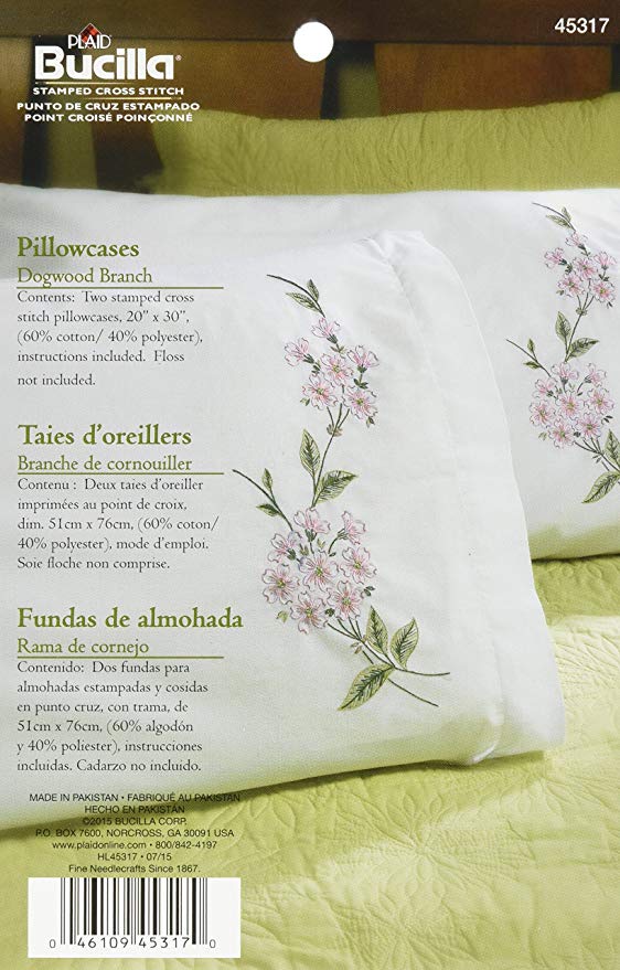 Bucilla Embroidery Pillowcase Pair, 20 by 30-Inch, 45317 Dogwood Branch Stamped (Pack of 2)