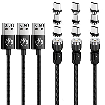 Magnetic Charging Cable (3ft 6ft 6ft,3 x Cable,9 x Tpis) 3 in 1 Magnet USB Cable 360° 180° Rotating Charging Cable Nylon Braided Cord Compatible with Micro USB,Type C/USB C,Phone,Smartphone Tablet