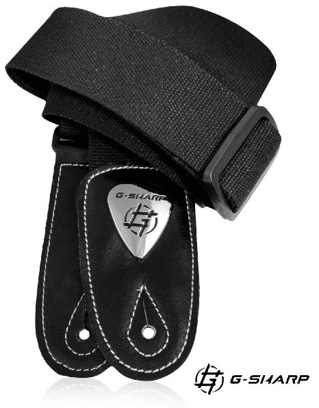 Gsharp® Guitar Strap - 2.5" Cotton with Leather Ends and Leather Pick Holder - Moneyback Warranty