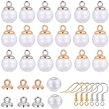 SUNNYCLUE 1 Box 40pcs 14mm Mini Empty Clear Glass Globe Bottle Wish Glass Ball, 40pcs Bail Cap and Earring Hooks for DIY Pendant Charms Stud Earring Making, Silver & Golden