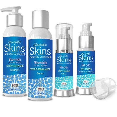 BLAMtastic® SKINS Natural Blemish Control Kit. Miracle Worker for Acne, Acne Scar Removal, Blackheads, Cysts. No Benzoyl Peroxide. 4 Bottle Kit: Cleanser, Toner, Lotion, Serum. Made in USA.