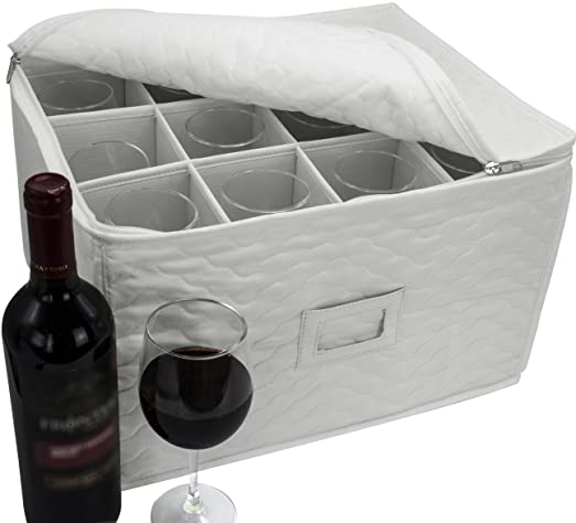 Sorbus Stemware Storage Chest - Deluxe Quilted Case with Dividers - Service for 12 - Great for Protecting or Transporting Wine Glasses, Champagne Flutes, Goblets, and More (Storage Glass - Beige)