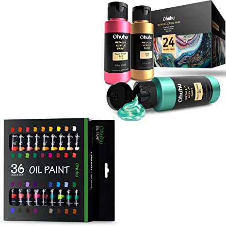 Ohuhu 36 Colors Oil Paint Tubes (12ML)   24 Metallic Acrylic Paints Bottle (59ML)