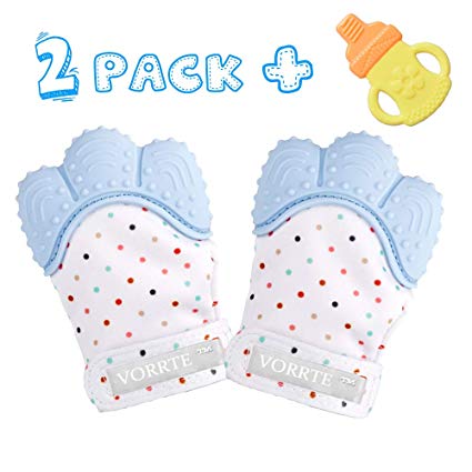 VORRTE Soothing Teething Mitten for Baby, Mitten Teether Toy,Unisex for Food-Grade Silicone Mitt，Blue，Pack of 2