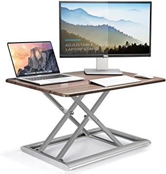 IBAMA Aluminum Standing Desk Converter, Wood Tabletop Sit Stand Up Desk Riser 30inch Workstation Area, Fully Assembled, Easy Height-Adjustable and Fully Assembled