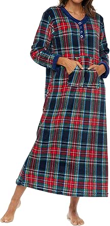 Alexander Del Rossa Fleece Nightgowns for Women Long Sleeve, Womens Winter Nightgowns Long Sleeve - Solid and Flannel Plaid