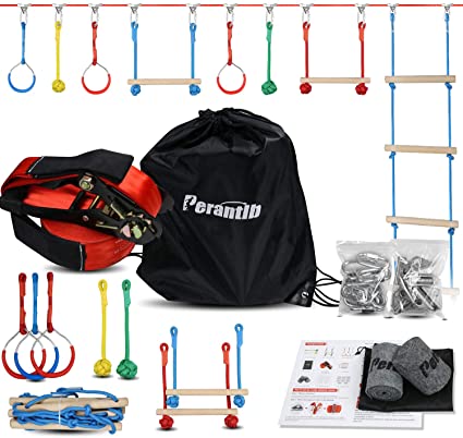 Perantlb Portable Ninja Slackline Monkey Bar & Ladder Intro Kit – 40’Kids Gym Swinging Obstacle Course Set, Training Obstacle Course Equipment, Slackline Gymnastic Bar, Tree Protector & Carry Bag