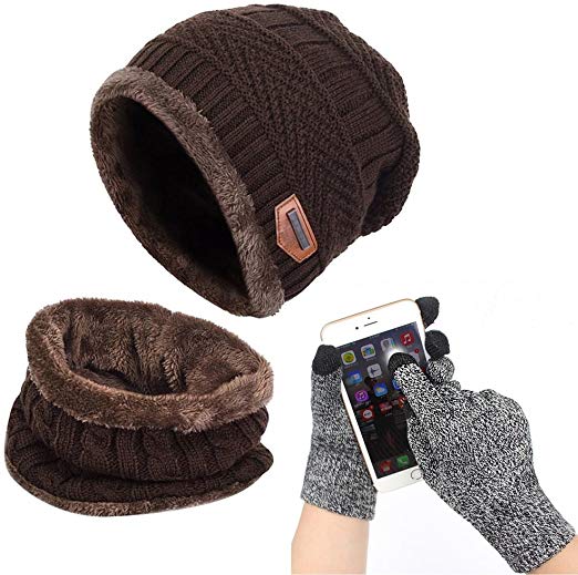 Affei Winter Beanie Hat Scarf Set Warm Knit Hat Thick Knit Skull Cap Touch Screen Glove Unisex