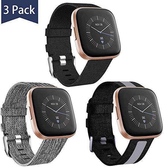 Maledan Bands Compatible with Fitbit Versa/Fitbit Versa 2/Versa Lite for Men Women Small, Woven Fabric Reflective Strap Replacement Watch Band for Fitbit Versa, 3 Pack Black/Charcoal/Strip Black