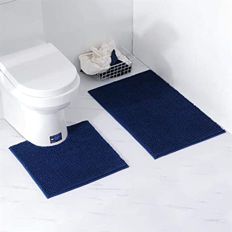 Homcomodar Non Slip Bath Mats Sets Chenille Bathroom Mats for Bathroom (50X80cm 50X50cm, Dark Blue)