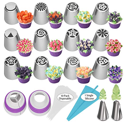 Russian Piping Tips 27pcs Baking Supplies Set Cake Decorating Tips for Cupcake Cookies Birthday Party, 12 Icing Tips 2 Leaf Piping Tips 2 Couplers 10 Pastry Baking Bags