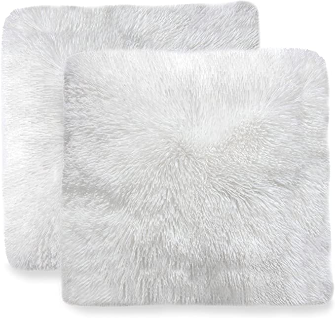 Cheer Collection Set of 2 Shaggy Long Hair Throw Pillows | Super Soft and Plush Faux Fur Accent Pillows - 18 x 18 inches, White
