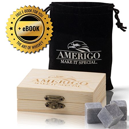 Premium Whiskey Stones by Amerigo - Water Down Your Whiskey? Never Again ! Set of 9 Chilling Whiskey Rocks - Packaged in an Exclusive Wooden Gift Set - Ice Cubes - Drinking Rocks - Free Velvet Pouch