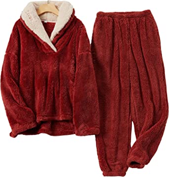 COZYPOIN Women' s Fluffy Fleece Pajamas Set Winter 2 Piece Plush Pullover and Pants Loungewear Sleepwear