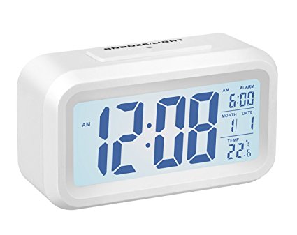Alarm Clock,Gabone Battery Operated with Large Lcd Display Temperature Display Nightlight and Snooze Smart Backlight Digital Alarm Clock (White)