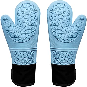Glotoch Silicone Oven Mitt,Oven Mitts with Quilted Liner, Extra Long Professional Baking Oven Gloves - Food Safe,Pot Holders Cooking,Grilling,Kitchen (Blue)