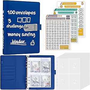 Antner 100 Envelopes Money Saving Challenge Binder with Lock, A5 Savings Binder Challenge Book Budget Planner with Cash Envelopes for Money Saving - Password Lock to Protect Cash Security, Navy Blue