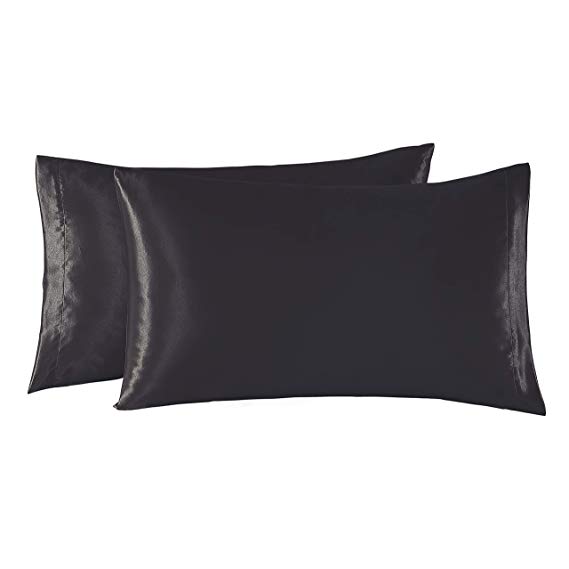 EXQ Home Satin Pillowcases Set of 2 for Hair and Skin Standard/Queen Size 20x30 Black Pillow Case with Envelope Closure (Anti Wrinkle,Hypoallergenic,Wash-Resistant)