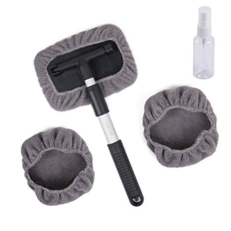 NEUX Windshield Cleaning Tool Microfiber Car Window Cleaner Brush with Detachable Extendable Handle, Auto Exterior Interior Glass Car Cleaning Kit, 3 Washable Reusable Microfiber Cloth