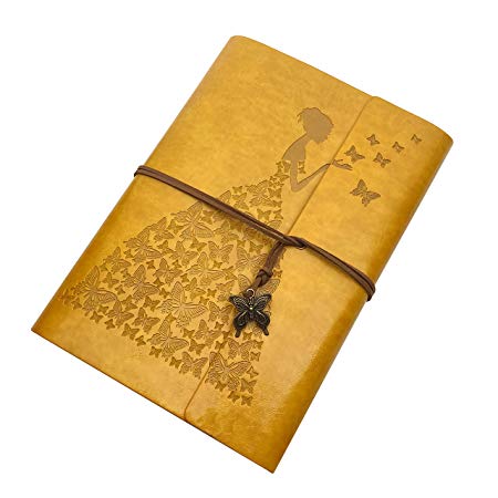 Butterfly Journal Leather Refillable Notebook Premium Retro Spiral Notebook Classic Binder Vintage Embossed Travelers Journal for Art Sketch Travel Diary and Journal Records(Golden Yellow, A6)