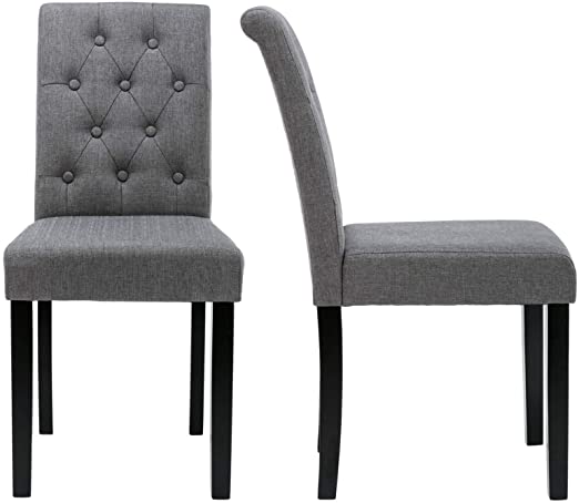 LSSBOUGHT Button-Tufted Upholstered Fabric Dining Chairs with Solid Wood Legs, Set of 2 (Gray)
