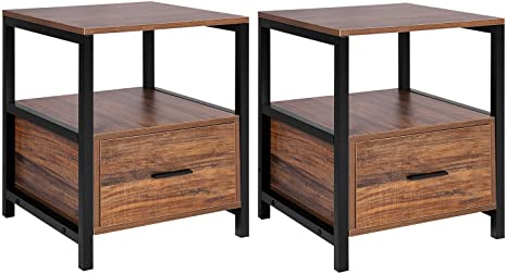 VECELO Modern Nightstand with Drawer Square End, Side Table for Bedroom, Living Room, Small Space, Night Stand with Open Shelf, Stable Metal Frame, Set of 2, Brown