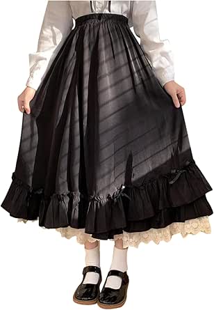 Women's Lolita Maxi Skirt Japanese Style Sweet Lace Ruffle Hem Long Skirt Elastic High Waist Pleated Vintage Gothic Skirt Y2K