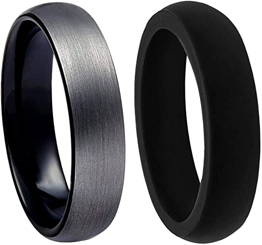 PAVOI Tungsten Rings for Men Wedding Engagement Band Brushed Black 6mm and 8mm Size 6-14 with Free Silicone Band