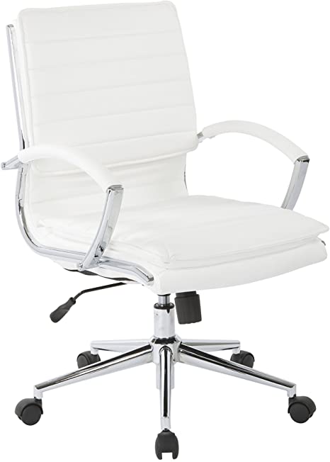 Office Star Faux Leather Mid Back Managers Chair with Loop Arms and Chrome Base, White