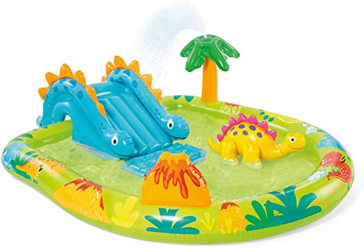 Intex 57166EP Little Dino Dinosaur Themed Inflatable Backyard Pool Play Center with Palm Tree Sprayer, Mini Slide, and Inflatable Dinosaur