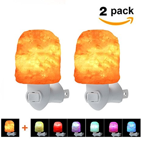 2-Pack Mini Plug in Salt Lamp Natural Himalayan Pink Crystal Salt Rock Night Wall Light with Incandescent Bulb and Multi LED Color Changing Bulb