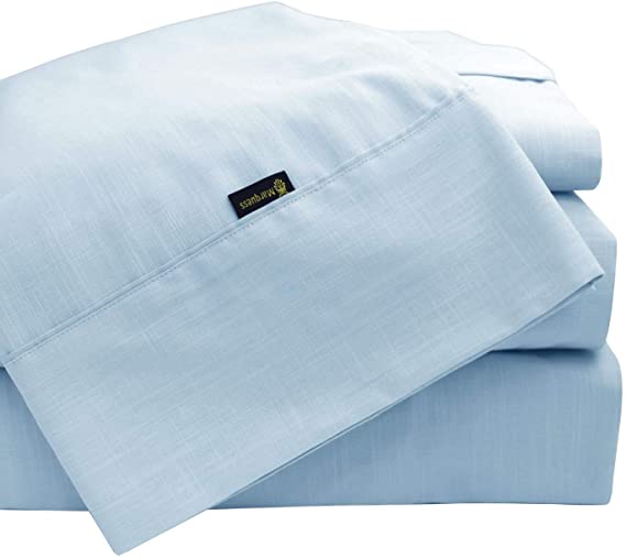 MARQUESS Cooling Tencel Lyocell Cotton Linen Sheets, Ultra Soft & Silky 4 Piece Bedding, Breathable Comfortable Moisture-Wicking Sheet Set , Wrinkle Free Smooth Collections (Baby Blue, Queen)