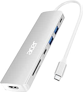 Acer USB C Dock, 7 in 1 USB C to HDMI Hub, 2 USB 3.1 GEN1 and 5Gbps Type-C Data Port, 4K HDMI Port, PD 100W Charging, SD Card Reader, for iPad Pro MacBook Pro Acer Laptops and More (Silver)