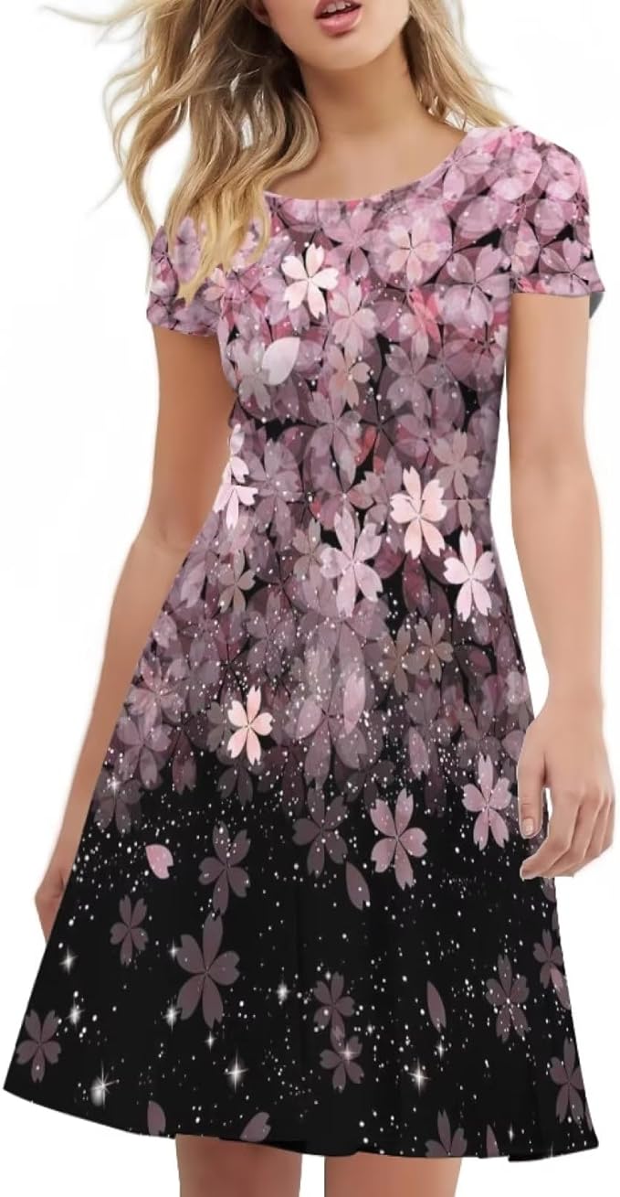FOR U DESIGNS Women's Dress Plus Size Flowy Dress Short Sleeve Swing Dress Ladies A-line Midi Dress Summer Tunic Dress