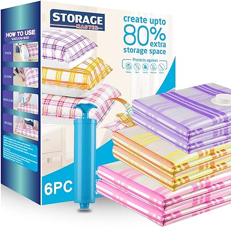 STORAGE MASTER Space Saver Bags for Travel and Home Reusable Vacuum Storage Bags Save 80% More Storage Space with Travel Hand Pump (6-Combo(2L+2M+2S))