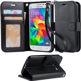 Core Prime Case, Arae Samsung Galaxy Core Prime wallet case,[Wrist Strap] Flip Folio [Kickstand Feature] PU leather wallet case with ID&Credit Card Pockets For Samsung Galaxy Core Prime (Black)