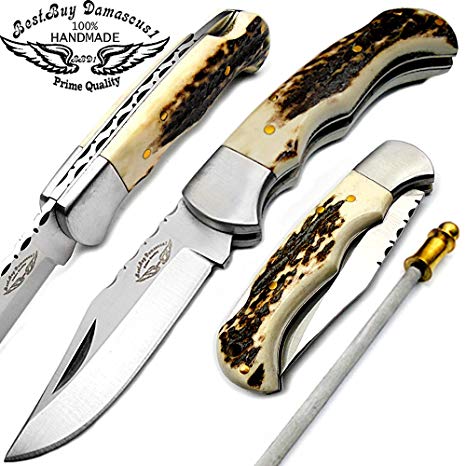 Best.Buy.Damascus1 Stag Horn 6.5'' Hand Made Stainless Steel Folding Pocket Knife Sliver Bloster with Sharpening Rod Back Lock 100% Prime Quality Limited Edition