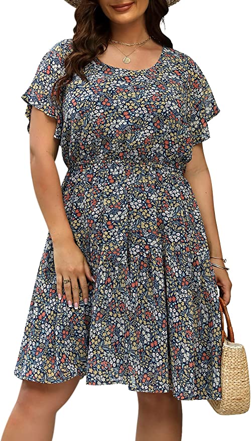 Nemidor Womens Casual Plus Size Summer Boho Chiffon Print Midi Skater Dress with Ruffle Sleeve NEM297