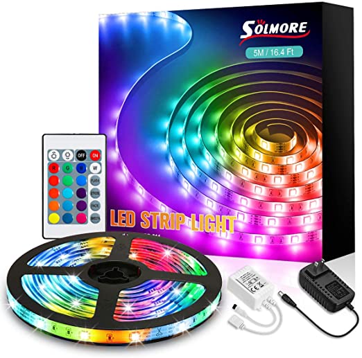 SOLMORE LED Strip Lights, 16.4ft RGB LED Light Strip 5050 LED Tape Lights Color Changing RGB LED Strips Lights with 24 Keys Remote 12V Power Supply LED Lights for Bedroom TV Backlight Kitchen Bar