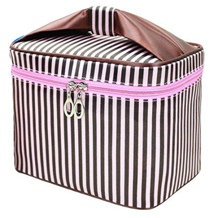 HOYOFO Toiletry Cosmetic Storage Large Travel Makeup Bag with Sweet Bow Handle,Coffee Stripe