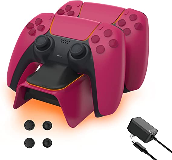 NexiGo PS5 Controller Charger with Thumb Grip Kit, Fast Charging AC Adapter, DualSense Charging Station Dock for Dual Playstation 5 Controllers with LED Indicator, Cosmic Red