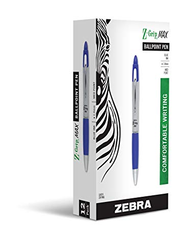 Zebra Pen Z-Grip MAX Retractable Ballpoint Pen, Medium Point, 1.0mm, Silver Barrel, Blue Ink, 12-Count