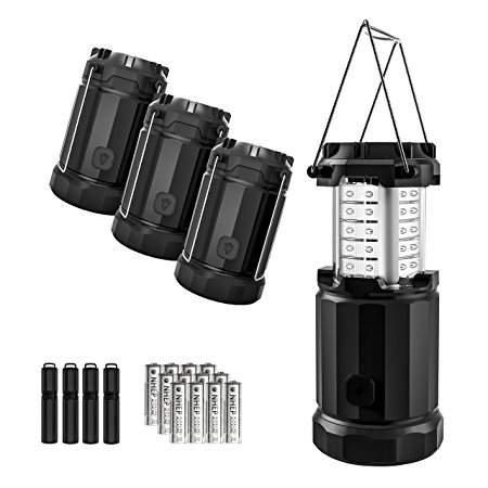Etekcity 4 Pack Portable Outdoor LED Camping Lantern with 12 AA Batteries - Survival Kit for Emergency, Hurricane, Storm, Outage (Black, Collapsible) (Matte)