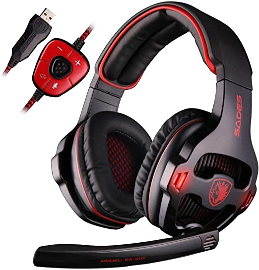 Sades Wired USB 7.1 Channel Virtual Surround Stereo Gaming Headset Over Ear Headphones with Mic Revolution Volume Control & Noise Canceling & LED Light for PC Mac Computer Games Laptop-Red