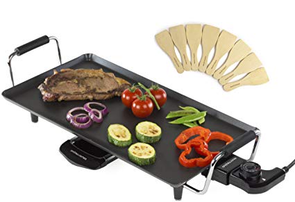 Andrew James Teppanyaki Electric Grill Plate | Large Non-Stick Tabletop Griddle With 46cm x 24.5cm Hot Plate & Adjustable Temperature | Includes 8 Wooden Spatula & Recipes in Manual