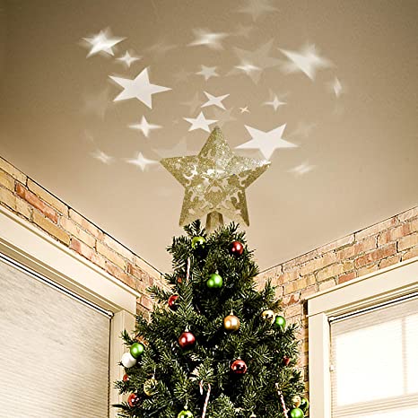 Christmas Tree Topper 3D Hollow Star Tree Topper Lighted with LED Rotating Star Projector Christmas Lights, Christmas Star Tree Topper for Christmas Tree Decorations (Golden)