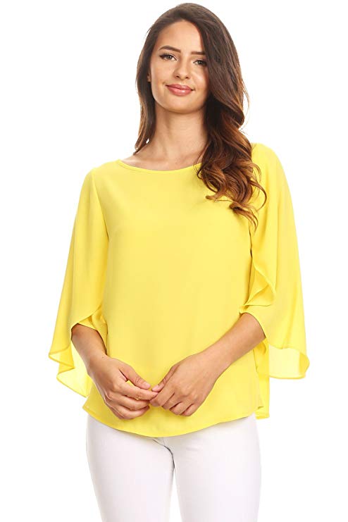 Via Jay Women's Relaxed Loose Chiffon Fit 3/4 Open Flutter Sleeve Blouse TOP