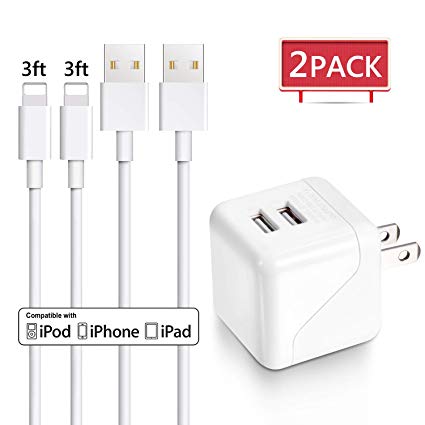 iPhone Charger, Xcords Dual Port Wall Charger Travel Adapter with 2Pack Lightning to USB Cable Charging Cord Compatible with iPhone XS MAX XR X 8 8Plus 7 7Plus SE 6sPlus 6s 6 5s, iPad iPod Nano