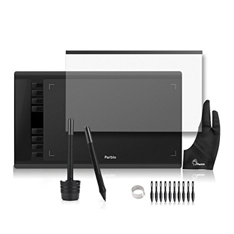 Parblo A610 10" x 6" Graphic Drawing Tablet with 8 Express Keys, 2 P50S Rechargeable Pen, Replacement Nibs, Transparent Film and Two-Finger Glove